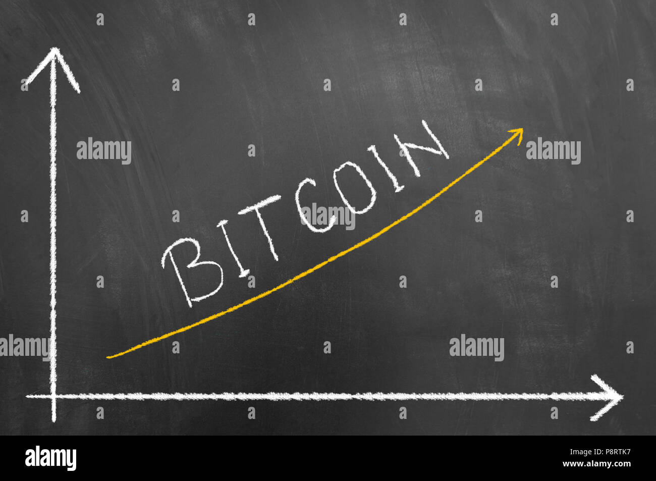Bitcoin Graphic With Arrow Up On Blackboard Or Chalkboard As - 
